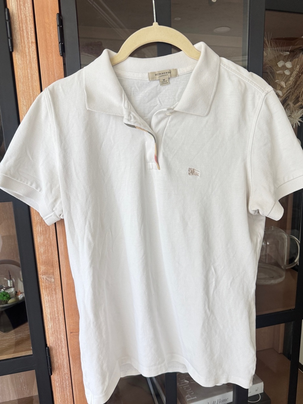 Burberry polo shirt short sleeve top collar cotton plaid trim embroidered logo
